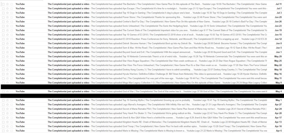 The picture is showing a list of e-mails by YouTube. The list is all about one creator, The Completionist, uploading through April sixth to July eleventh. There are two other e-mails recieved between May first and May eighth, but they are blacked out due to privacy reasons.