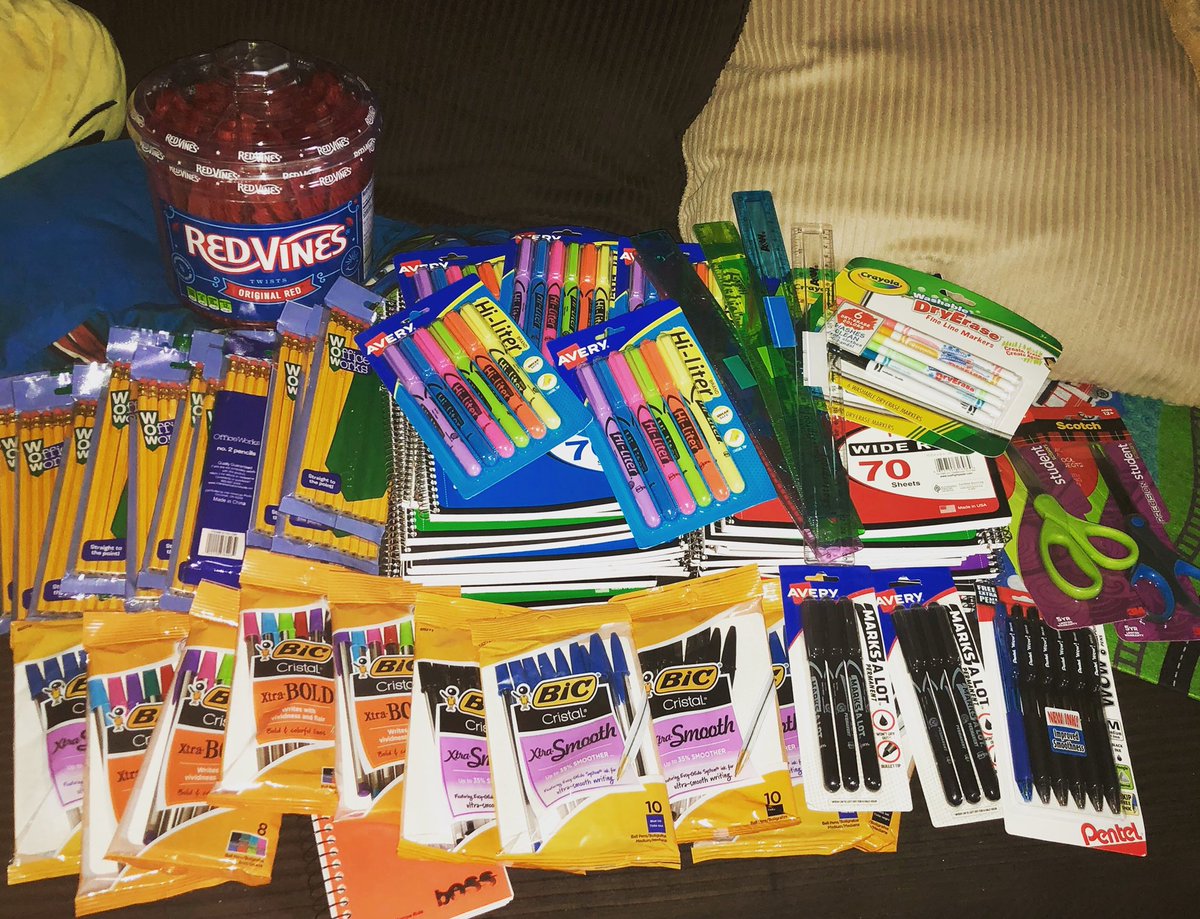 sonia49er's tweet photo. One of my beautiful amazing friends just set me up with school supplies for the next year &amp; beyond! I have so many students that can’t afford their own supplies and this is wonderful for them! 💜💜😁 #TeacherLife #globehighschool #ghs #school https://t.co/8XGqoJlkCV