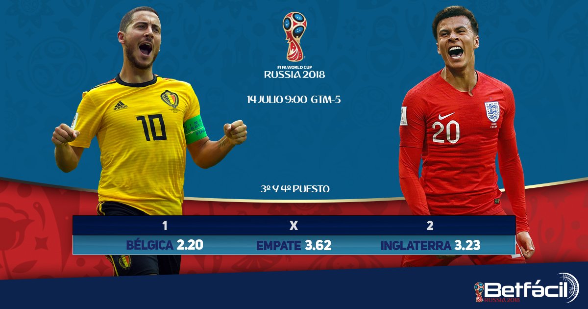 betfacil's tweet photo. 🌍 #Rusia2018 🌏

#Bélgica vs #Inglaterra se disputarán mañana 14 de julio, 9:00 gtm-5 ⏰, el 3º y 4º puesto en la gran final. Un PARTIDAZO que estará en juego el honor de cada equipo al pelear por ocupar un 3º puesto en la final.

#BEL #ENG #BELENG #Betfacil #Mundial #Worldcup https://t.co/jR6MQqOdjE