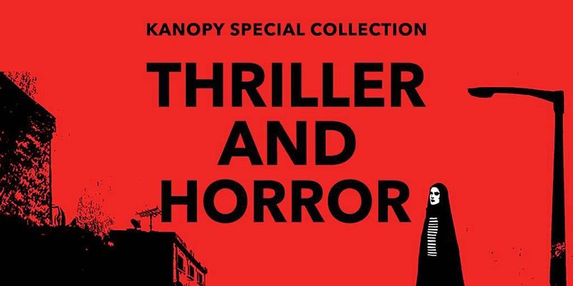 a red and black graphic with a house and girl standing in front of it.