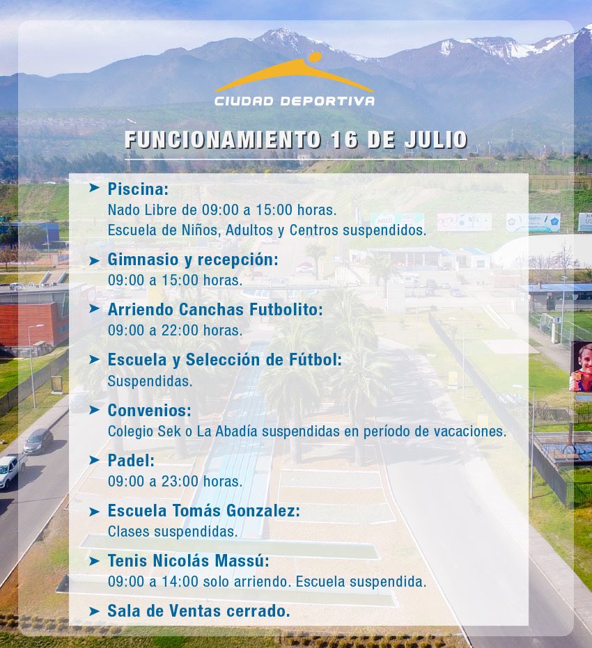 CDeportivaChile's tweet photo. ¡FIN DE SEMANA LARGO! 😄🎉

Recuerda que el lunes es feriado y tendremos programa especial en nuestras actividades 📆

¡Te dejamos el detalle! 😉 https://t.co/CSd3YBVCRM