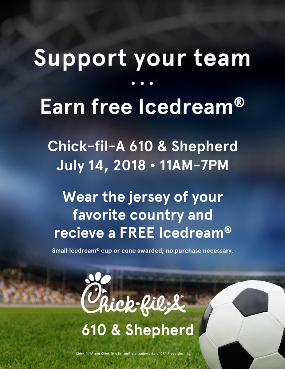 cfa610shepherd's tweet photo. 📣 Tomorrow, get FREE ice cream when you wear your team jersey‼️ 11-4pm only at our store❗️🏆⚽️🏆⚽️🏆⚽️.
.
.
#supportyourteam #worldcup #freeicecream #houston #houstonheights #gardenoaks #timbergrove #oakforest #northhouston #cfa610shepherd https://t.co/2RSSoUBEjn