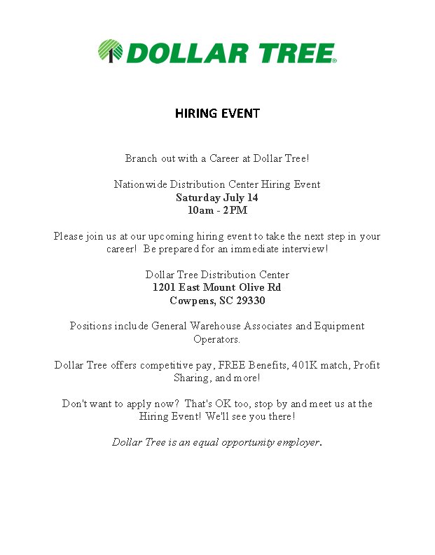SCWorksinfo's tweet photo. Dollar Tree Distribution Center is #hiring in Cowpens tomorrow! They're in need of general warehouse associates & equipment operators. #Hiring event Saturday, 7/14, 10 a.m.-2 p.m. See flyer for more information. #UpstateJobs #SCJobs #WarehouseJobsSC https://t.co/RYl1m6Opdr
