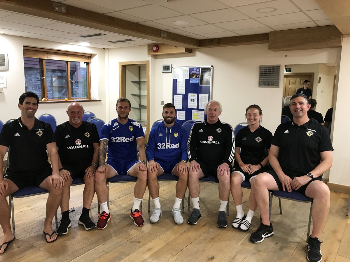 Tiarna297's tweet photo. Tonight the Northern Ireland Women’s U19 players &amp; staff @AlfieWylie  @noelmitchell66 welcomed @dallas_stuart &amp; @LiamCooper__ from Leeds Utd for some Q&amp;A. The team will play their opening game v ROI 2mro in the Home Nations Tournament. Thanks for visiting guys! @OfficialIrishFA https://t.co/JiF9DURmhB