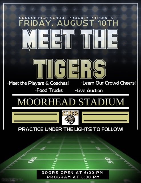 Mark your calendars for Meet the Tigers!🐯<a href="/chsGoldenGirls/">Conroe Golden Girls</a> <a href="/ConroeTigerBand/">Conroe Tiger Band </a> <a href="/ConroeHScheer/">Conroe Cheer</a> <a href="/ConroeHS9/">Conroe High School 9th Grade, Conroe ISD</a> @ConroeHigh <a href="/CONROEJROTC/">Jrotc</a> 

Come rally spirit and support for the 2018 season!

Click below for more information.
facebook.com/13539557982856…