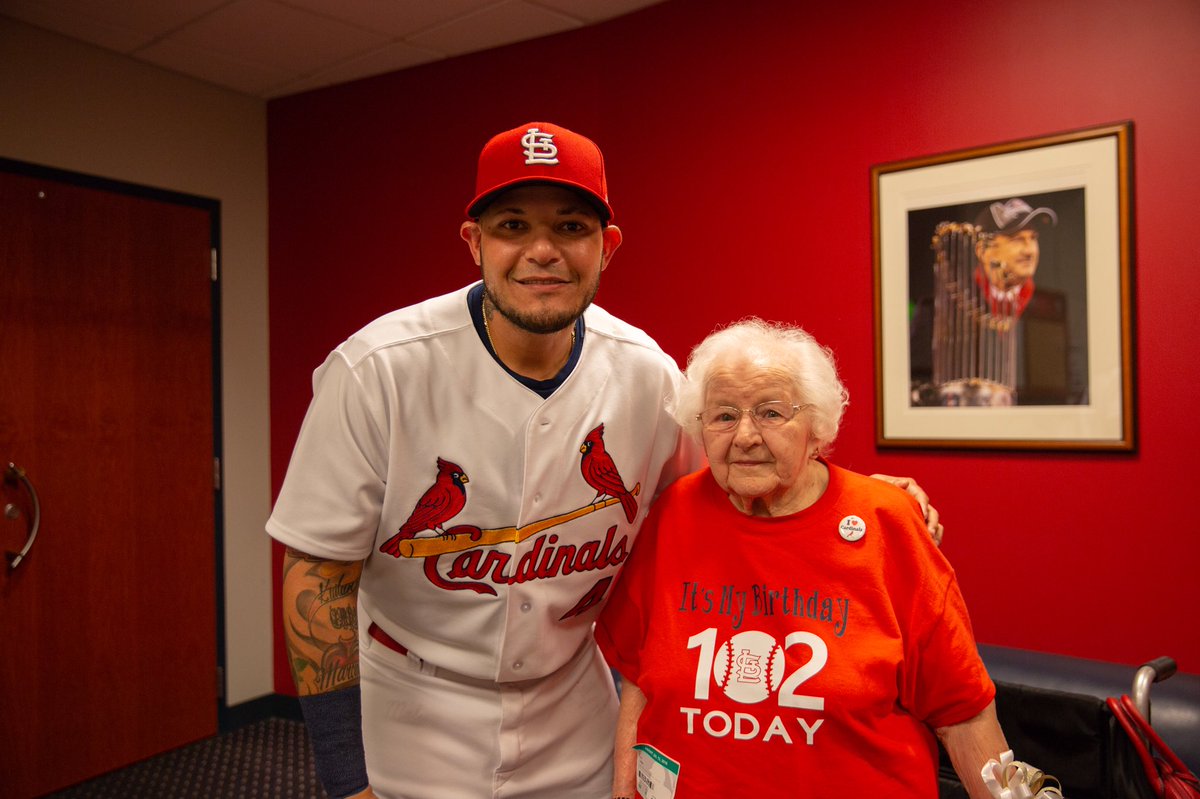 Cardinals's tweet photo. As she turns 102 years young today, all Jo Janis wanted was to meet her birthday buddy @Yadimolina04. Her wish came true! 

 #HelpJoMeetYadi 🐐 https://t.co/2uNfO3qT6d