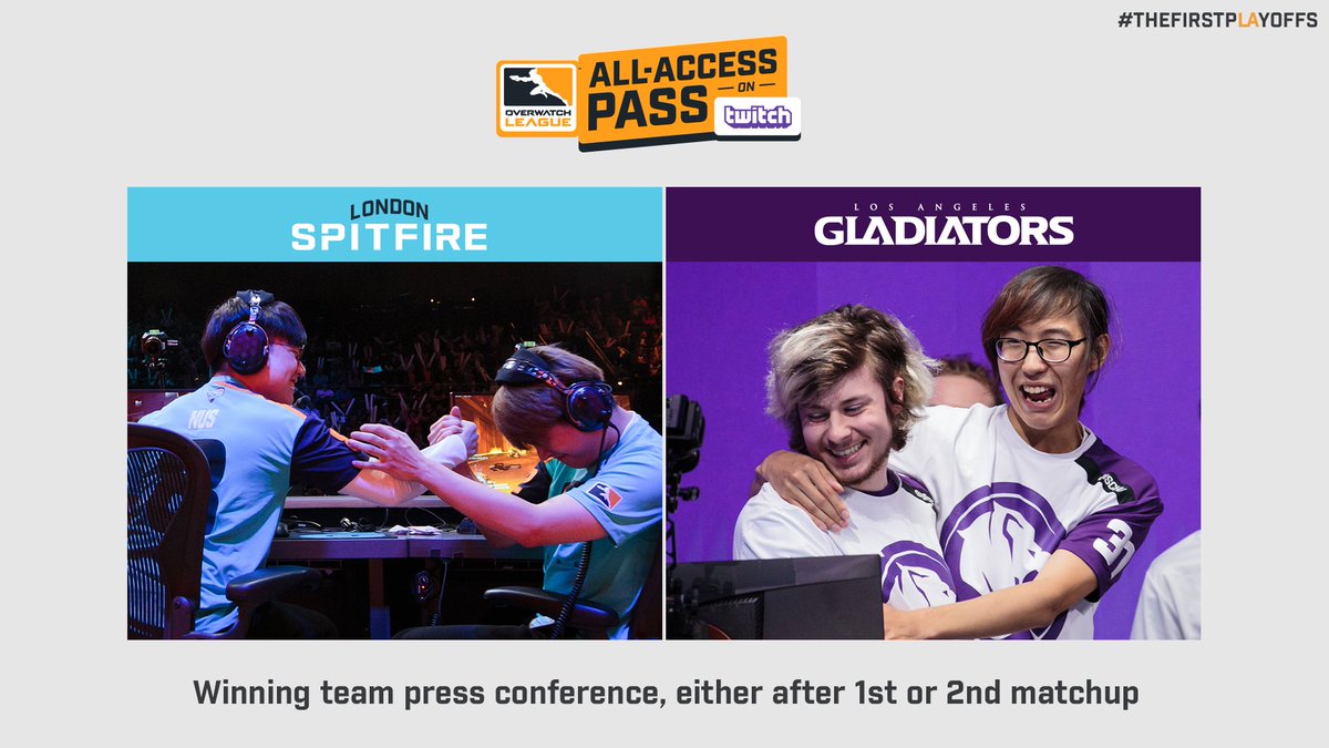 OW_Esports's tweet image. All-Access passholders, we'll have a press conference with tonight's winning team after the matches! #TheFirstPlayoffs 

get your questions in now on @Twitch twitch.tv/overwatchleague
