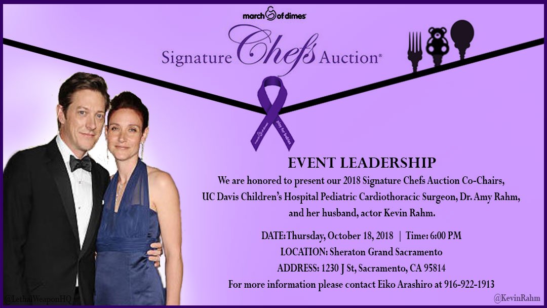 LethalWeaponHQ's tweet photo. If you live in the Sacramento area or willing to travel Mr @KevinRahm &amp; his lovely wife Dr. Amy Rahm will be Co-Chairs at this year @MarchofDimes Signature Chefs Auction on Thursday, Oct 18th. 
Donate: https://t.co/8CaPrBIK5K
Tixs: https://t.co/vuyHs4rJIM 
Plz Retweet Tks 
#MOD https://t.co/7sUnJacS3f