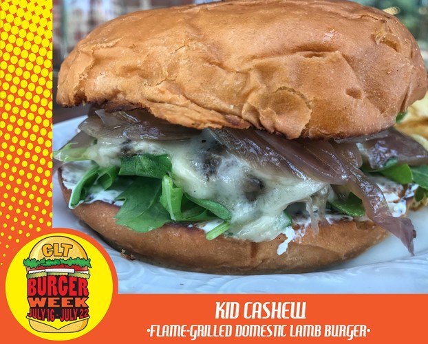 ElevateCLT's tweet photo. During CLT Burger Week Kid Cashew will be featuring two burgers at $6. One of them is the Flame-Grilled Domestic Lamb Burger comes with Red Onion Marmalade, Kasseri, and Tzatziki on a Brioche Bun. https://t.co/cxz731bTrm #CLTBurgerWeek #CLTLovesBurgers https://t.co/IoNGergRAa