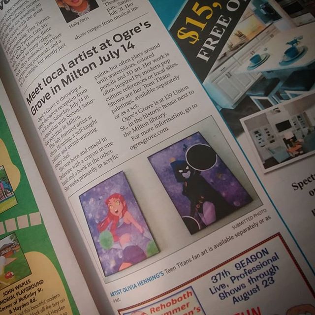 OgresGrove's tweet photo. We love our community #newspapers, but #newsprint does not do Olivia Henning's #paintings justice. You must come see them and meet her at #SecondSaturday, 6-8pm. #teentitans #starfire #raven #fanart #acrylicartist #artsde #miltonde #delagram #ogresgrove https://t.co/OOXXIZtFup https://t.co/Gd3dDoFKyc