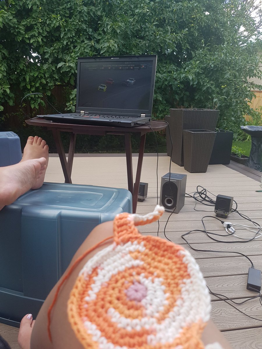 I'm on my deck drinking, watching #nascar and crocheting cat butt coasters. Who have I become!?  #NASCARonNBCSN #catbutt #crochet #backyard #summer #yqr