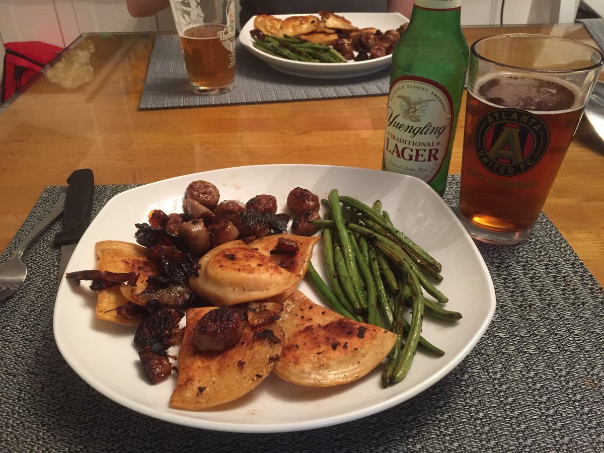 MWalenciak's tweet photo. Combining my favorite parts of PA and GA. “Cold beer on a Friday night...” and pierogies. #MrsTs #FiveStripeFriday @Yuengling_Beer @ATLUTD @zacbrownband https://t.co/kbwLmsYmJ2