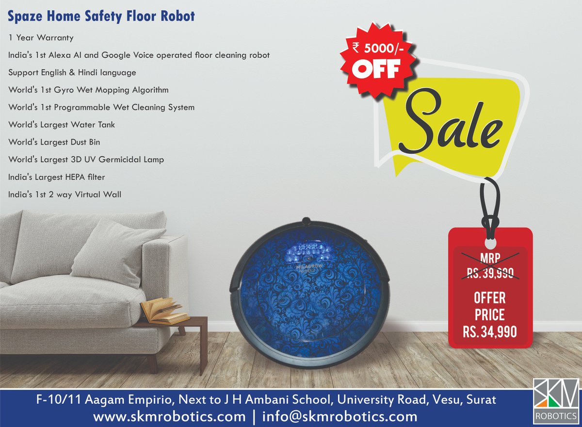 skmrobotics's tweet image. Don&apos;t miss the chance to get Spaze Home Safety for Carpet Cleaning and Pet Hair cleaning with Gyro Wet Mopping at huge fall in price.
For more details visit : skmrobotics.com or for demo, call us at: 098251 47060.
#DomesticRobot #FloorCleaning #Surat