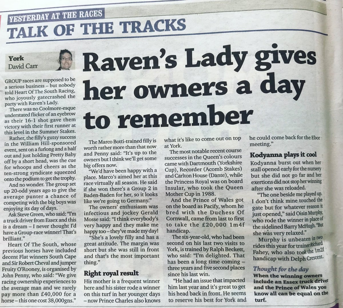 MarcoBotti's tweet photo. A lovely piece on Raven’s Lady &amp; @RacingHOTSR in the @RacingPost this morning🏇🏻🥂🏆 #TeamBotti #ravenslady #theprettyone https://t.co/H9wTn84QKM