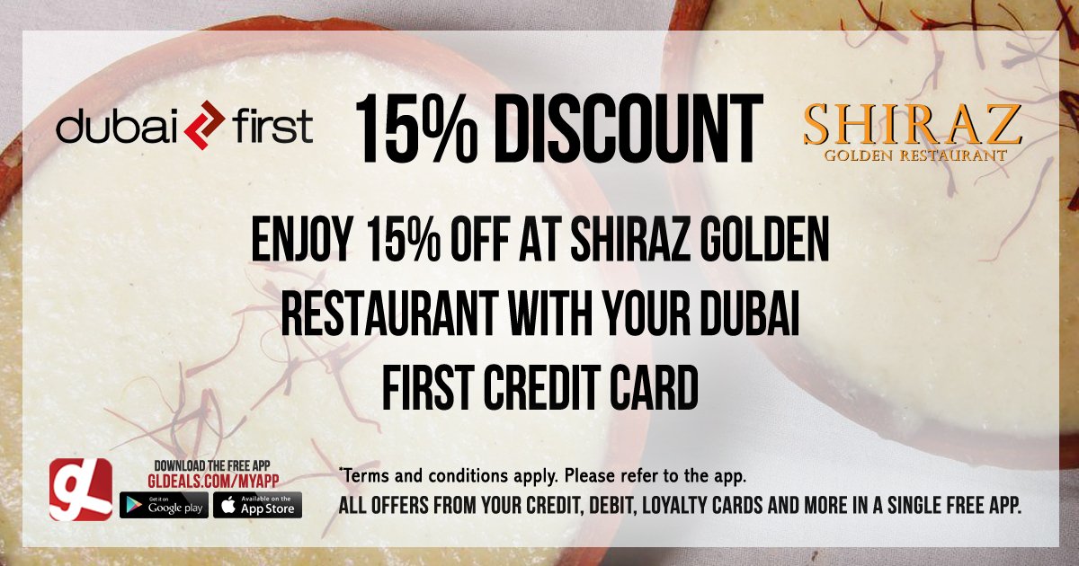 gldeals_app's tweet photo. Enjoy 15% OFF at Shiraz Golden Restaurant using your Dubai First card.
Download GL Deals app now for free. https://t.co/cdYkY9wydW #instalike #tagsforlikes #mydubai #uae #offers #app #appstore #iosapp #android #ios #gldeals #deals #discount #dubaifirst #shirazgoldenrestaurant https://t.co/rK4N6kqVOj