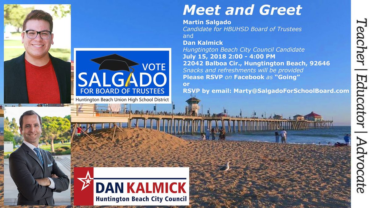 salgadoforsb's tweet photo. Come to my Meet n Greet on July 15 from 2pm-4pm at 22042 Balboa Circle! Dan Kalmick and I will be sharing our visions for Huntington Beach! We will be answering and addressing concerns for our community. Come get to know us and have fun! 
#MeetNGreet
#HuntingtonBeach
#Community https://t.co/4iuce4OWDe