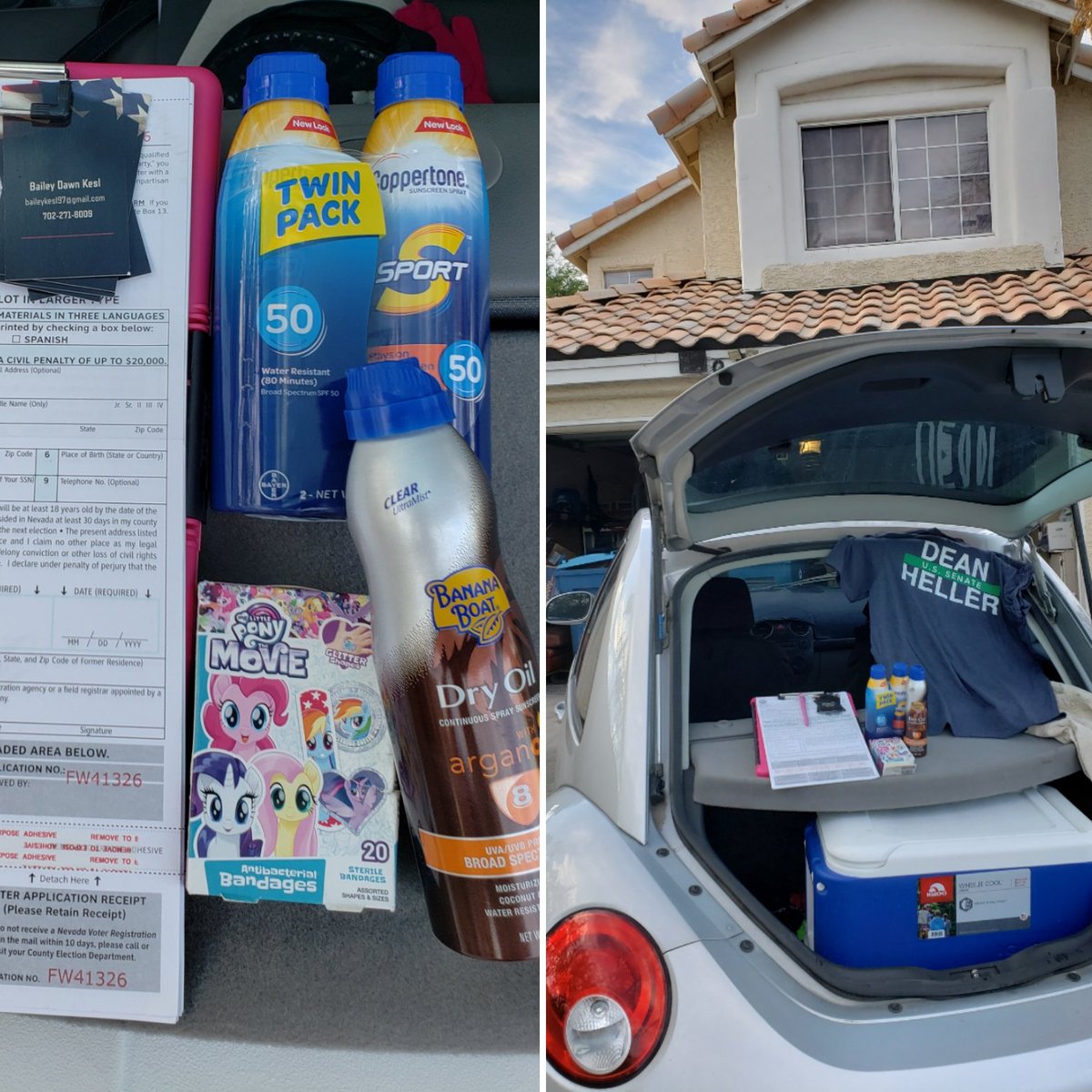 BaileyKesl's tweet photo. Getting my #partybug ready for #NDA tomorrow with all the essentials! Cooler full of water, sunblock(can't let my gingers burn), business cards, voter registration forms, my little pony 🐎🦄 band-aids!! Important to take care of my #team #GOP #Nevada #SenDeanHeller https://t.co/a0exfyEo0c
