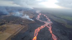 The braided lava channel extending from the fissure 8 vent (near top, center) and flowing toward the ocean. Some of the abandoned connector channels were more obvious in this morning's light than on previous days.