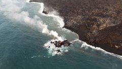 A tiny new island of lava has formed on the northernmost part of the ocean entry. During this morning's overflight, HVO's field crew noticed the island was oozing lava similar to the lava oozing from the broad flow front along the coastline.