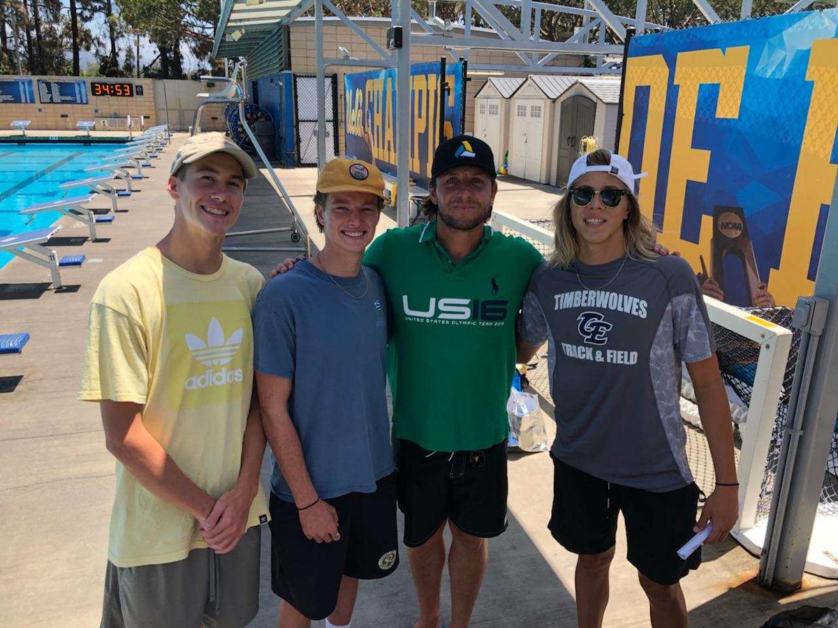 CE Varsity boys Jacob Sill, Cam Frazier and Drew Peters check out the UCLA pool and run into this guy: <a href="/WaterPoloTony/">Tony Azevedo</a>