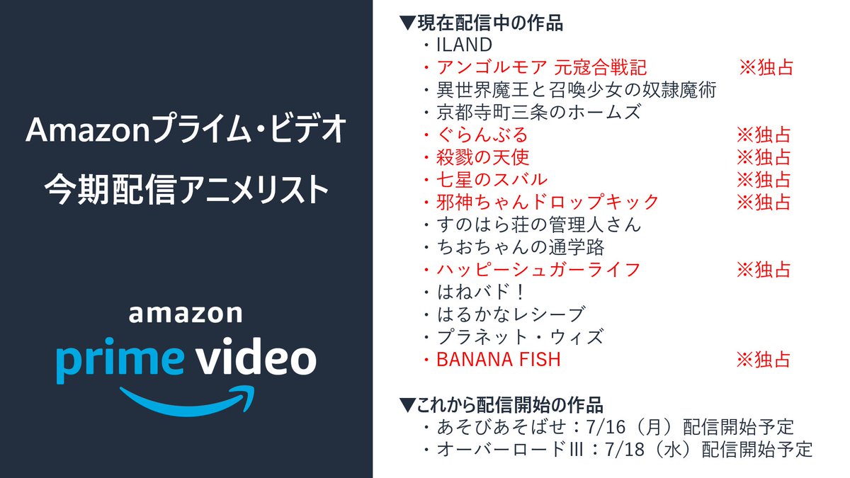 Amazon Prime Video プライムビデオ A Twitteren 18年夏アニメ Amazonプライムビデオ 配信作品 一覧 殺戮の天使 邪神ちゃんドロップキック ちおちゃんの通学路 ハッピーシュガーライフ はねバド はるかなレシーブ Bananafish オーバーロード