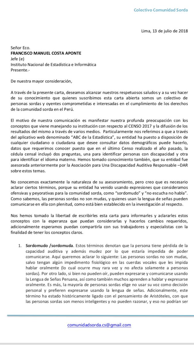 LSPMiDerecho's tweet photo. El Colectivo Comunidad Sorda envió hoy una carta abierta al @INEI_oficial sobre el aplicativo ABC de la estadística.  Aquí la compartimos. https://t.co/2iNjgGD12S