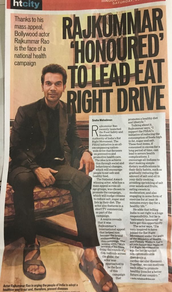 Report in HT City today-

"The nation salutes Actor #rajkumarrao to lead the Eat Right Campaign from the front. Our team was inspired by his deep commitment to the cause, his professionalism &amp; his humility. We hope more celebrities &amp; influencers will now join the cause" - #FSSAI