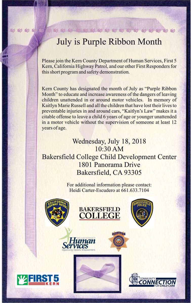 Kern Dept Human Services "Purple Ribbon Month" press conference &amp; safety demonstration. 7/18, 10:30am @ BC Child Development Center