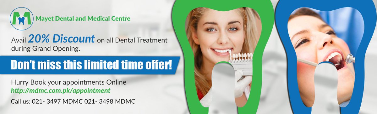 MdmcPk's tweet photo. Mayet Dental &amp; Medical Centre
Avail 20% Discount on all Dental Treatment during Grand Opening.
Don’t miss this limited time offer!
Hurry Book your appointments
Online 
https://t.co/iJqpW9Pwfv
Call Us 📞
021- 3497 MDMC
021- 3498 MDMC
#Mdmc #Offer #Dental #Medical #Gulshan #Karachi https://t.co/ghJB3zfjeT