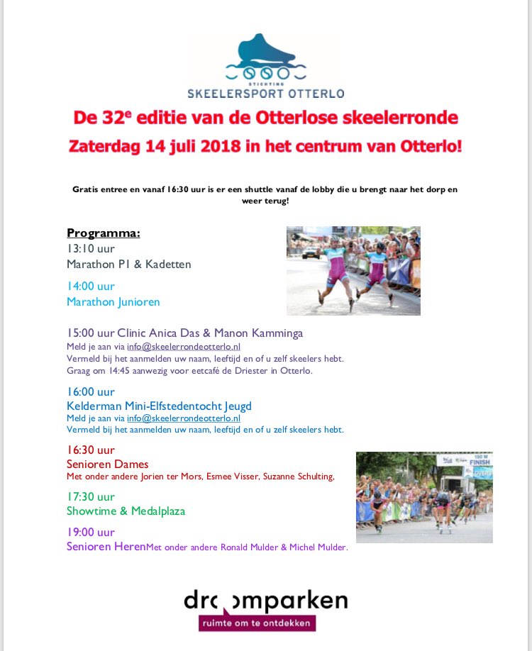 Vandaag de 32ste editie van de Otterlose Skeelerronde! Speciaal voor onze gasten gratis shuttle vervoer vanaf 16.30 uur vanaf de lobby! #skeelerronde #otterlo