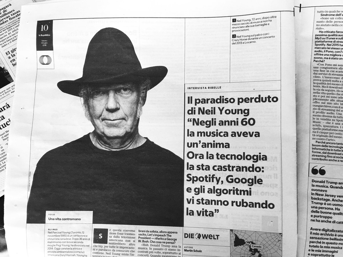 antoguerrera's tweet photo. “Negli anni 60 la musica aveva un’anima. Ora la tecnologia la sta castrando. Spotify, Google e gli algoritmi vi stanno rubando la vita”. Intervista a Neil Young, oggi su #Fuoricampo il nuovo inserto di @repubblica, tutti i sabato d’estate. https://t.co/Fy75I6cQZp