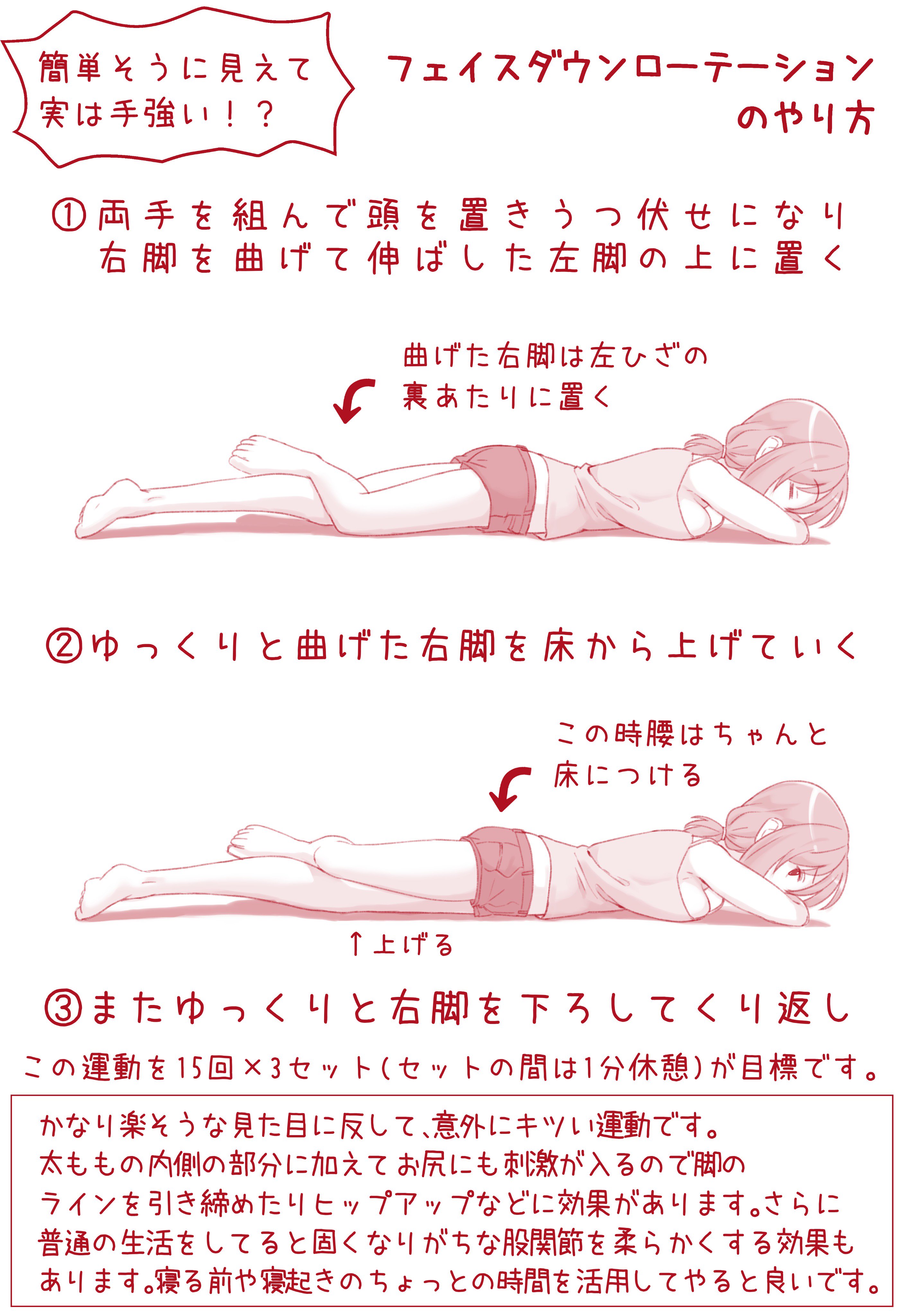 ついったーでもいっしょにとれーにんぐ うつ伏せの状態からすぐに始められる 簡単そうに見えて実は手強いトレーニング 太ももの内側とお尻に刺激が入るので脚の引き締めやヒップアップに効果あり さらに股関節を柔らかくする効果もあります 寝る前や