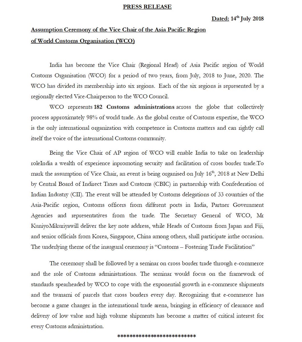 cbic_india's tweet photo. Assumption Ceremony of India as the Vice Chair of the Asia Pacific Region 
of World Customs Organisation (WCO) to be held on 16th July, 2018 by CBIC in partnership with @CIIEvents https://t.co/PqjFxBoROl