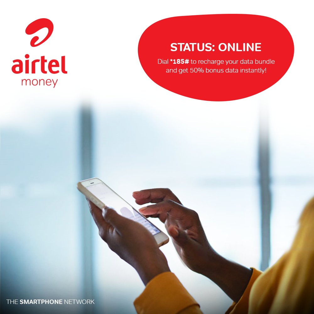 Airtel_Ug's tweet photo. Stay connected to your favorite app with 50% data bonus from #TheSmartphoneNetwork. Dial *185# to recharge your data bundle today. https://t.co/yftynOyguv
