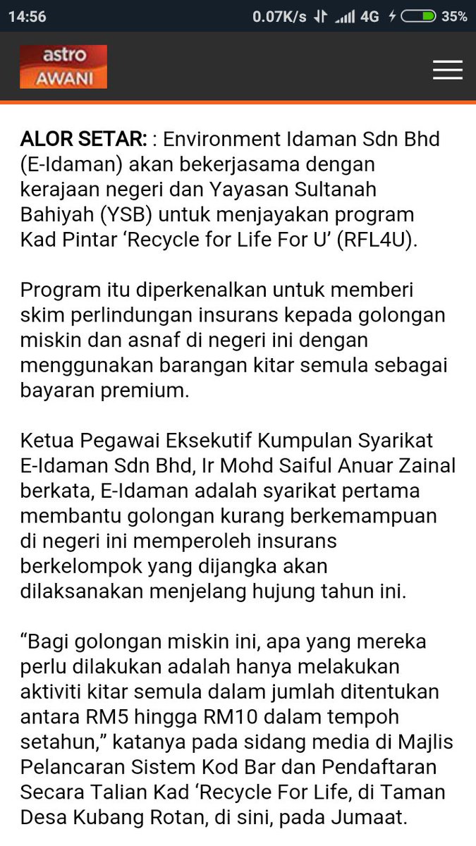 RiduanAdullah's tweet photo. Kedah perkenal insurans untuk golongan bawahan dengan kaedah kitar semula.

GREAT!!!!!

Just kumpul je item² kitar semula, hantar, and dapat perlindungan insurans. 

Inisiatif yang patut diperluas satu negara. https://t.co/yqKczMTwEE