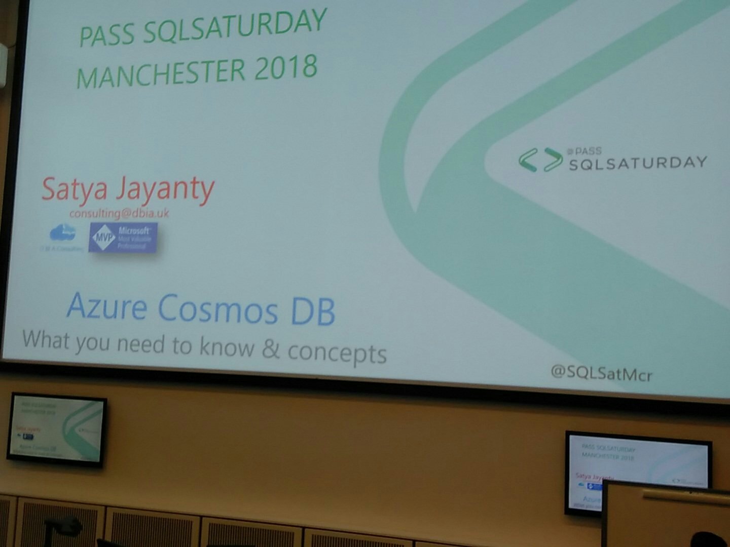 And the excitement starts again. #sqlsatmanc @ManSSUG First up is Satya and Azure Cosmos. https://t.co/pIcdV1i3Bo