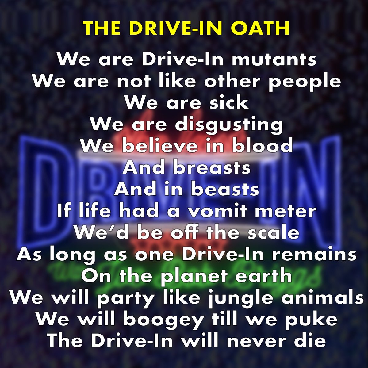 Videonastys's tweet photo. Once again, as we did in the nineties, we pledge our love and fealty to the Patron Saint of Bad Movies!
#thedriveinoath #TheLastDriveIn #rabid #JBBonShudder #JBB #shudder https://t.co/kY7u0H1Vgn