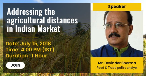 WeatherSecure's tweet image. Join a webinar session on “Addressing the agricultural distances in Indian market” on 15th July 2018 at 04:00 PM (Indian Standard Time) at zoom.us/webinar/regist…
Speaker: Mr. Devinder Sharma, an agricultural scientist. 
#farmer #agriculture #sustainability  @Devinder_Sharma