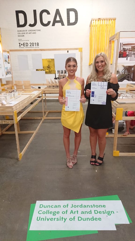 InteriorsDJCAD's tweet photo. Congratulations to new @InteriorsDJCAD @DJCAD graduates, @JessRossDesign, who won the IE Award for 3D Representation, and @karadesignIED, who received an IE Awards Commendation, at the @InteriorEds Show 2018 at @FreeRangeShows, London. Fantastic news - well done Jessica &amp; Kara! https://t.co/KcPwAJ5Zj5