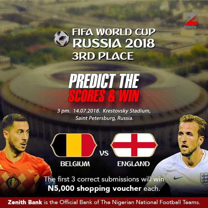 ZenithBank's tweet image. Can you predict this? Be 1 of the first 3 to predict correctly &amp;amp; you'll win ₦5,000 online shopping voucher. 
Don't miss the match, pay your cable tv bills with the Zenith Bank mobile app buff.ly/2Frzc5j 
Let's go!! #WorldCup #WorldCup2018 #Russia2018WorldCup #ENGBEL