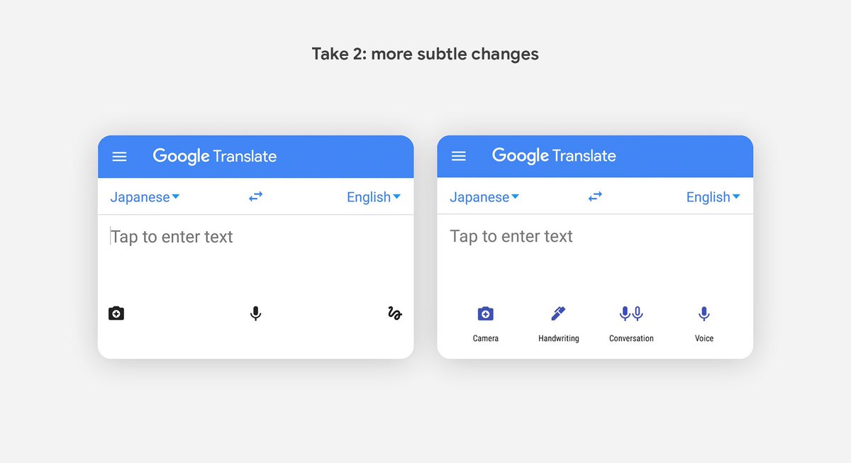 VojtechKotous's tweet photo. Ukázka z praxe, jak Google testuje své aplikace. Pouhé přidání textu k ikonkám zlepšilo využívání nových funkcí v Google Translate až o 25% 📈 https://t.co/1xk7Sk5cAN  #UX #typography #design #inspiration #GoogleTranslate https://t.co/LRBA19iEt0