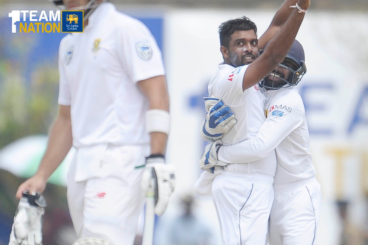 OfficialSLC's tweet photo. Dilruwan Perera and Rangana Herath sent South Africa crashing as Sri Lanka swept to a massive 278-run win on the third day of the first Test at Galle. #SLvSA 

SL 287 &amp; 190 
vs SA 126 &amp; 73 all out (D Perera 6/32 , R Herath 3/38 )

https://t.co/YutwB7VTp9 https://t.co/rkGZ0LUtkw