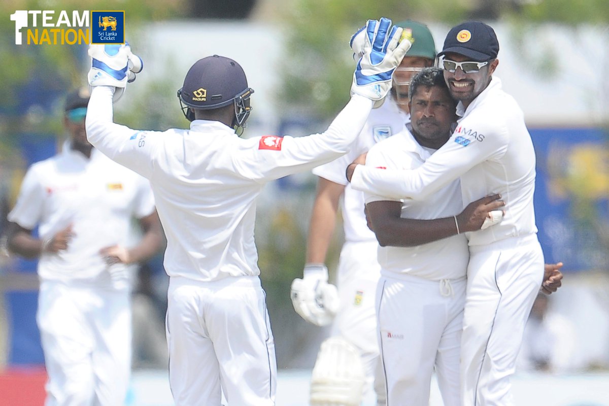 OfficialSLC's tweet photo. Dilruwan Perera and Rangana Herath sent South Africa crashing as Sri Lanka swept to a massive 278-run win on the third day of the first Test at Galle. #SLvSA 

SL 287 &amp; 190 
vs SA 126 &amp; 73 all out (D Perera 6/32 , R Herath 3/38 )

https://t.co/YutwB7VTp9 https://t.co/rkGZ0LUtkw