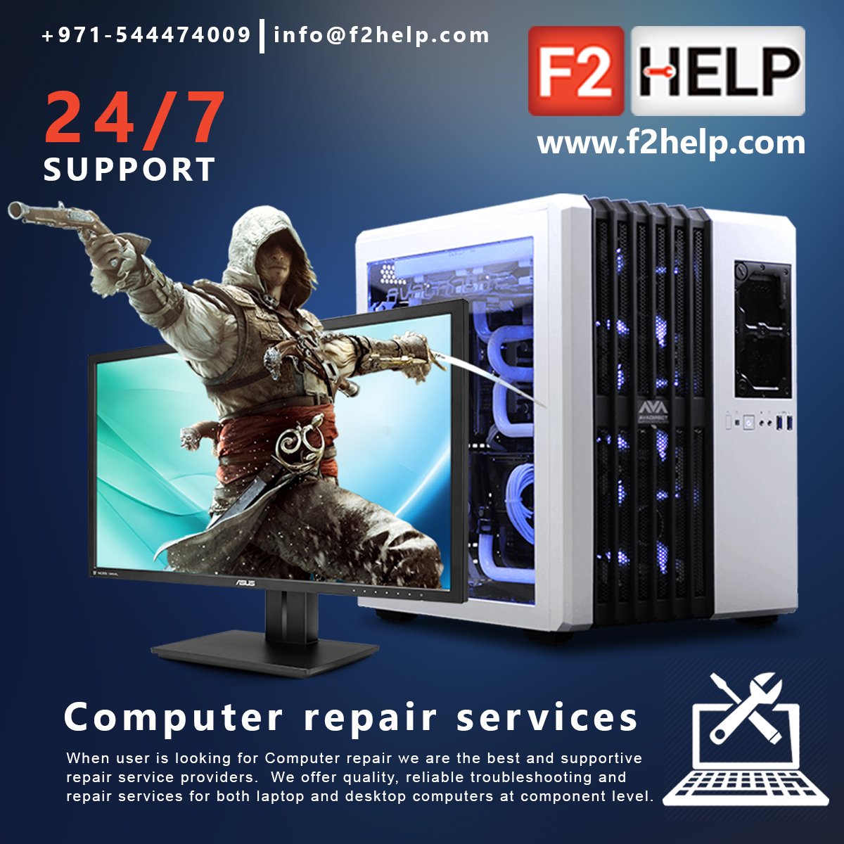 F2help's tweet image. For any problem related to #computerrepair, Contact our support team at #F2help. Our technicians at F2help provide the best services for your devices like #computerrepairservice. Contact F2help Service Center Dubai bit.ly/2zGiMYs