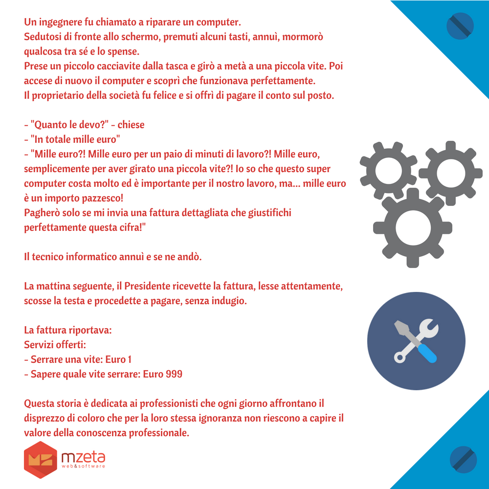 Essere informati sul costi dei servizi è importante, conoscere il valore delle #professionalità che stanno dietro quei servizi lo è ancora di più.
Buon weekend da #Mzetaweb!