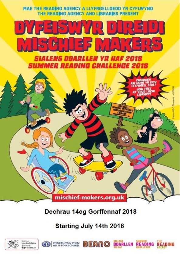 Poster for the summer Reading Challenge 2018 detailing the start date of 14th July, with Dennis the Menace & co.