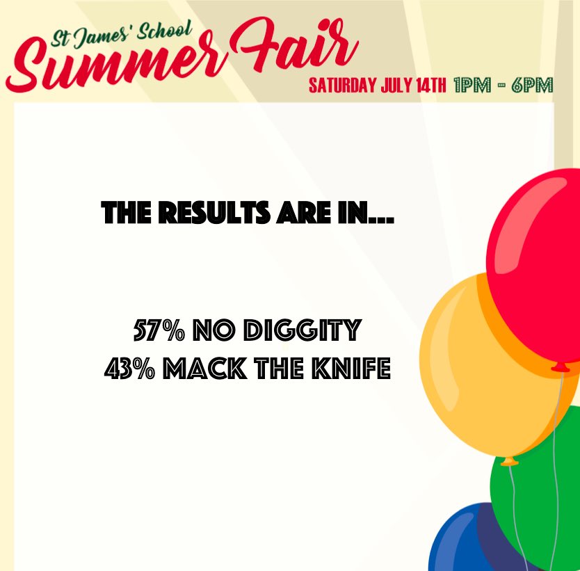 stjamespta1's tweet photo. @RatpackReloaded will be opening today with ‘No Diggity’ at St James’ Summer Fair in #RTW as a result of the Facebook Poll. Hope to see you there. Everyone welcome! https://t.co/MwnWQQUse7