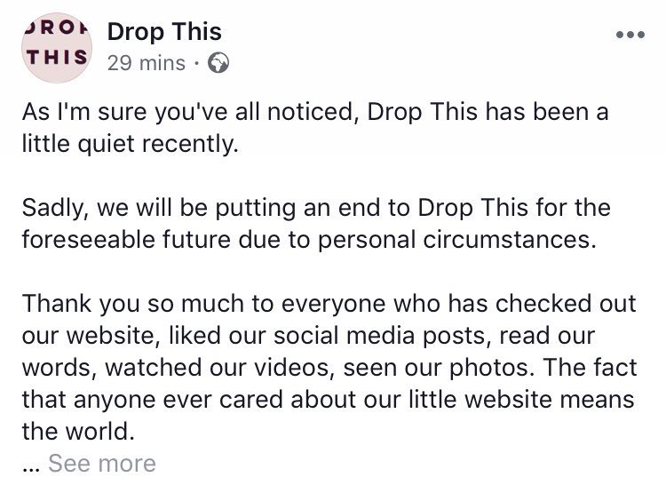 wearedropthis's tweet image. Head over to our Facebook page to read the full announcement. bit.ly/2N9ZRXC

Thank you so much to everyone who has been a part of Drop This. It’s been a blast 💜🖤
