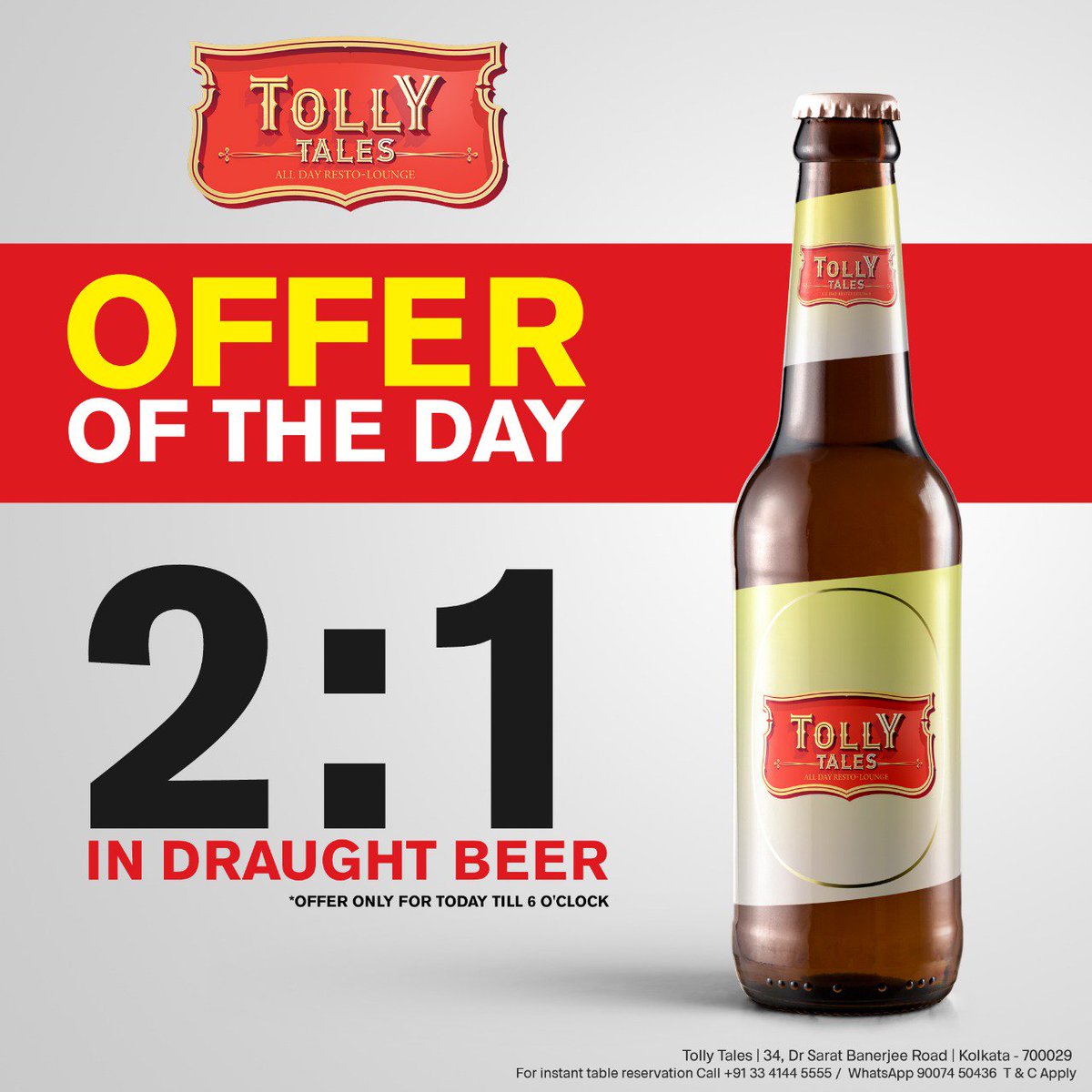 TollyTales's tweet photo. A great weekend demands a great offer, so here's the offer of the day. Offer valid till 6 p.m only, So hurry up!!!
#TollyTales #OfferToday #Beer https://t.co/8qDRncV9GQ