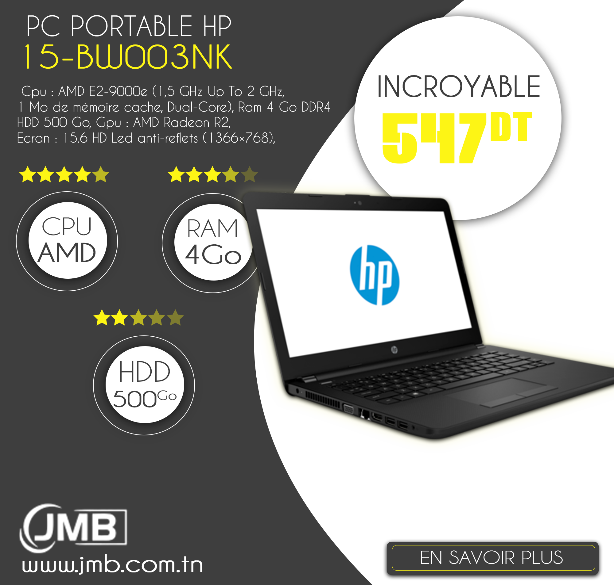Jmb Informatique Laptop Pc Portable Hp 15 Bw003nk Dual Core 4go 500go Intel Hd Cpu Amd E2 9000e 1 5 Ghz Up To 2 Ghz 1 Mo De Memoire Cache Dual Core Ram